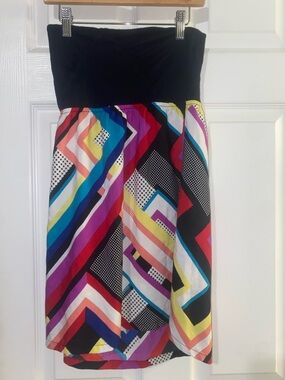 Black Strapless top with Multicolor Geometric Skirt